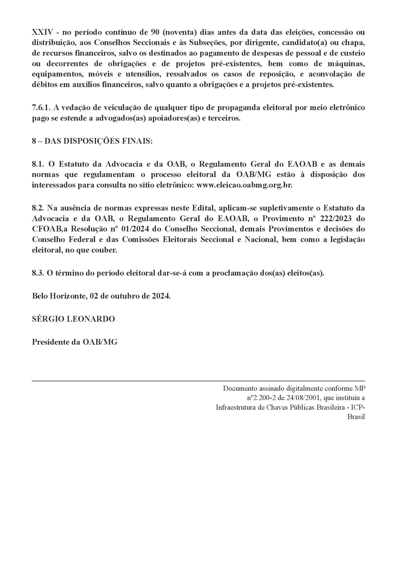 Confira o Edital das Eleições Institucionais trienio 2025/2027 - OAB/MG